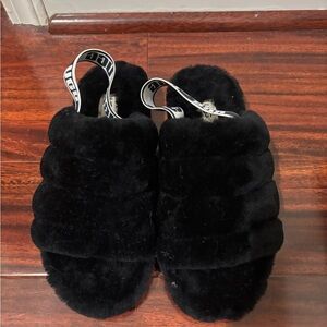 UGG Black Fluffy Slippers Size 8